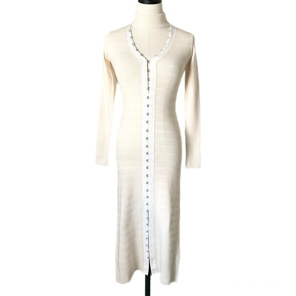 Jonathan Simkhai Ribbed Knit Cutout Choker Neck Wool Midi Dress Cream Size XS - Picture 2 of 6